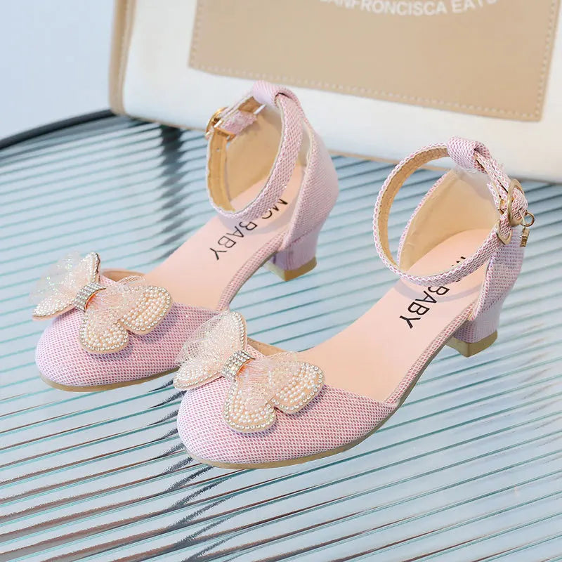 Girls Leather Sandals Summer Fashion New Children Rhinestone Bow Princess Sandals Student Kids Party Show Shoes