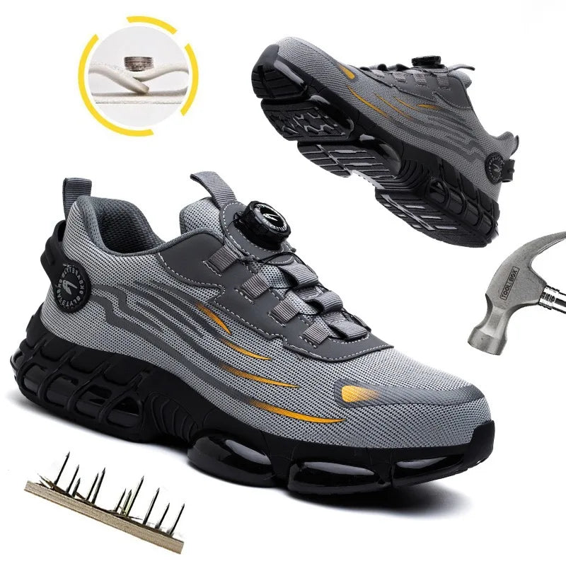 Men's tumbled leather + canvas steel head anti-puncture breathable safety shoes men's anti-smash protective factory site shoes