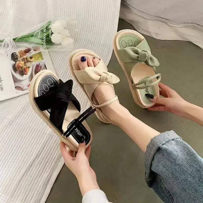 Lady Summer Slippers Thick Platform Flat Sandals with Butterfly-Knot Summer Flip Flops Sandals Women Shoes