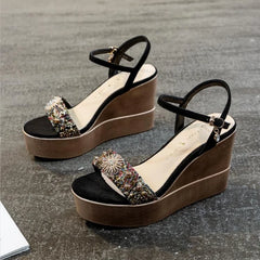 Women Rhinestone Sandals, Summer Heels Wedges Gladiator Shoes, Platforms Outside Wear