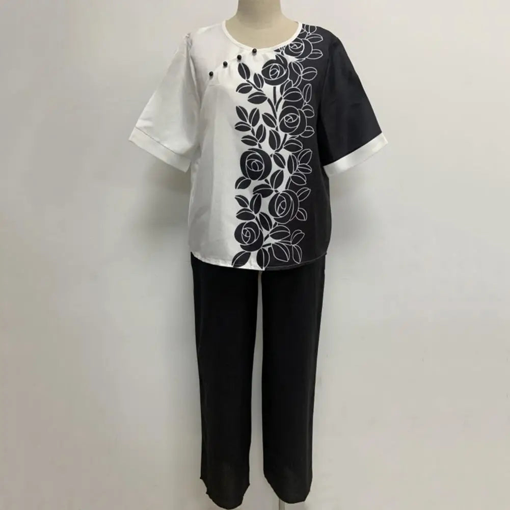 Women T-shirt Pants Set Contrast Color Floral Print Elastic Summer Tracksuit