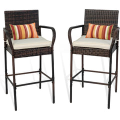 Bar Stools Set of 2, 2 Piece Rattan Bar Stool Wicker Chairs, Patio Bar Height Chair with Arms, Cushion Beige