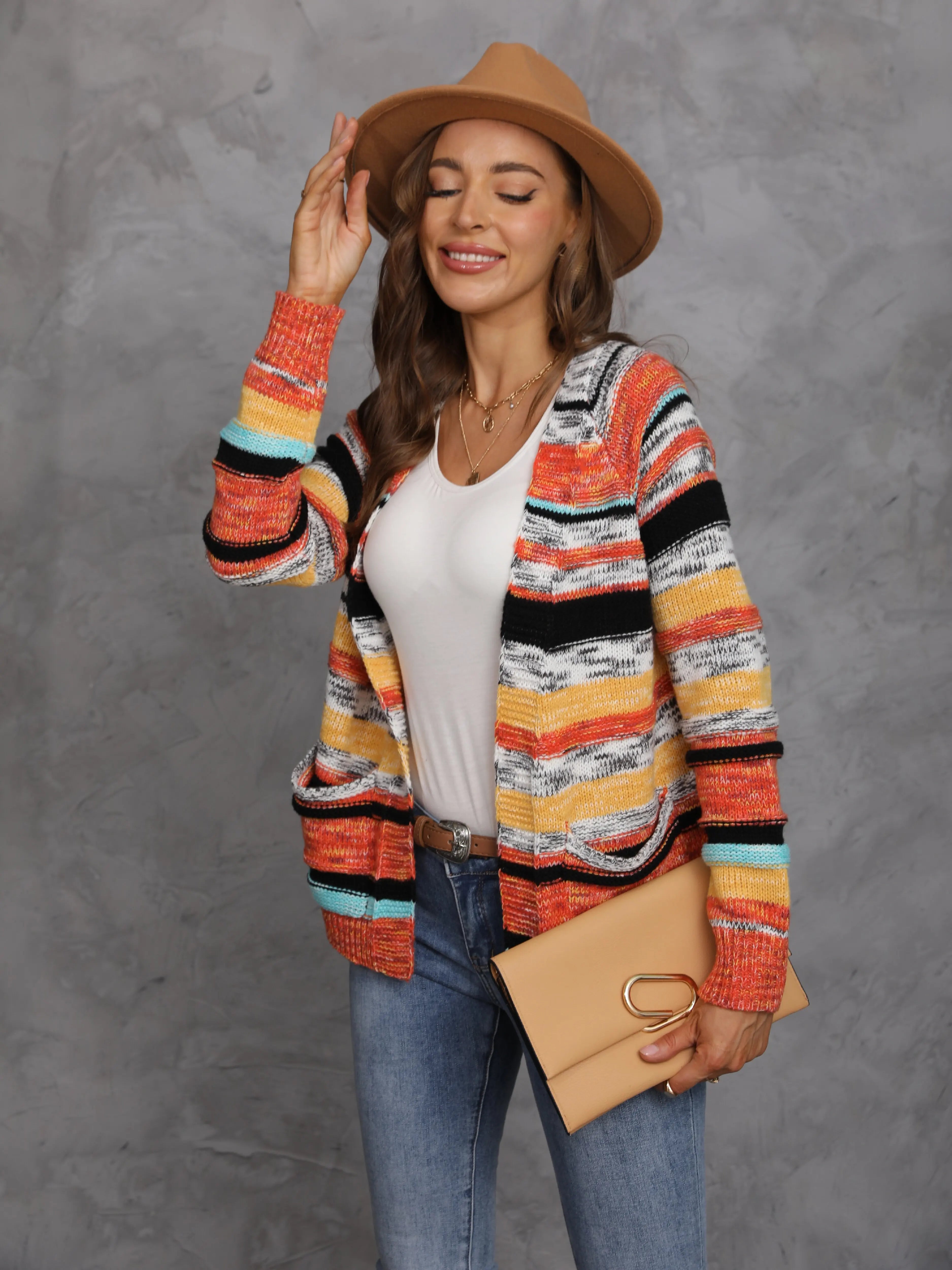 Women's Rainbow Stripes Sweater Knitted Cardigan Korean Casual Coat