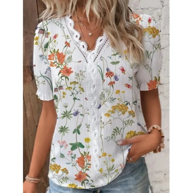 Summer V-neck Lace Patchwork Printed Shirt For Women 2024 Elegant Office Lady Short Sleeve Flower Print Pullover Blouses