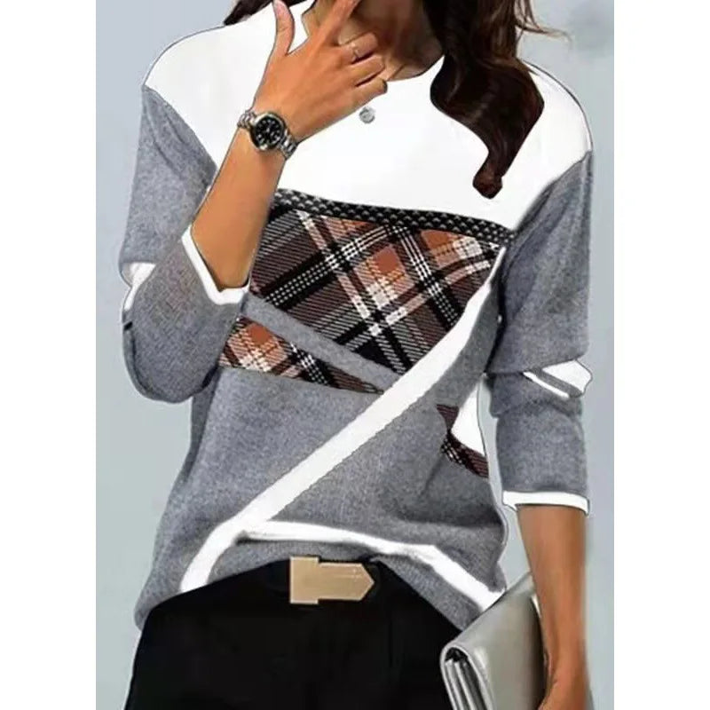 Women Winter Blouses T Shirt Geometric Contrast Long Full Sleeve Print Loose Women Shirts