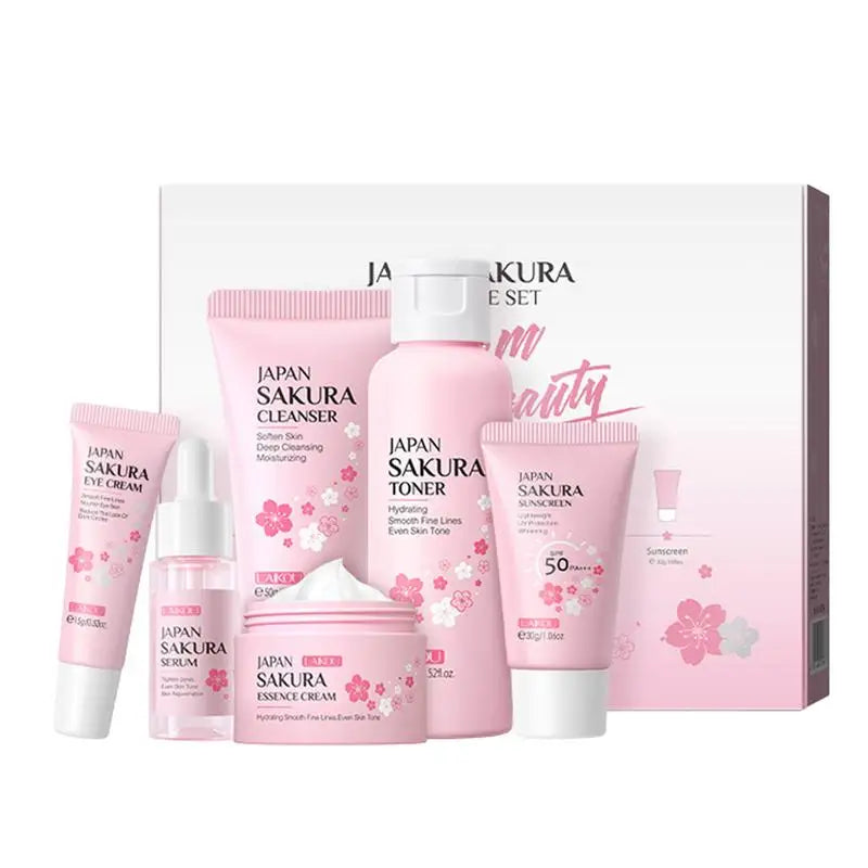 Face Skin Care Set Cleanser Sakura Essence Cream Moisturizing Whitening Anti-Aging Toner Eye Cream Face Serum Eye