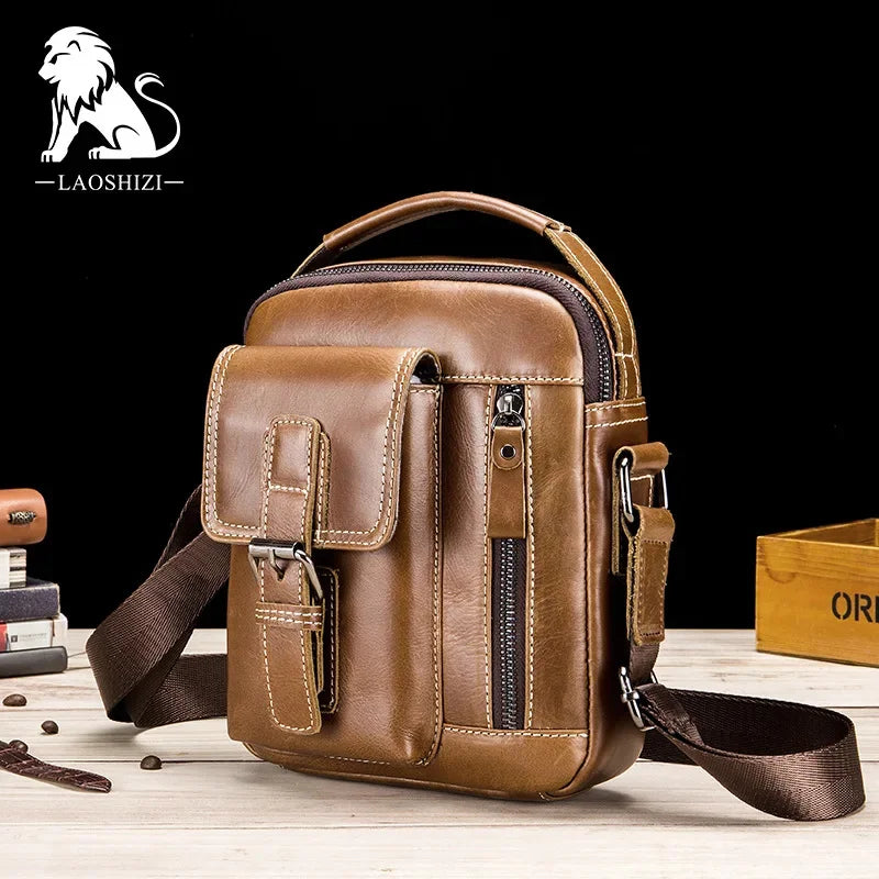 LAOSHIZI Brand Genuine Leather Shoulder Men Messenger s Small Casual Flap Zipper Design Male CrossBody Bag MINI Handbag