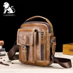 LAOSHIZI Brand Genuine Leather Shoulder Men Messenger s Small Casual Flap Zipper Design Male CrossBody Bag MINI Handbag