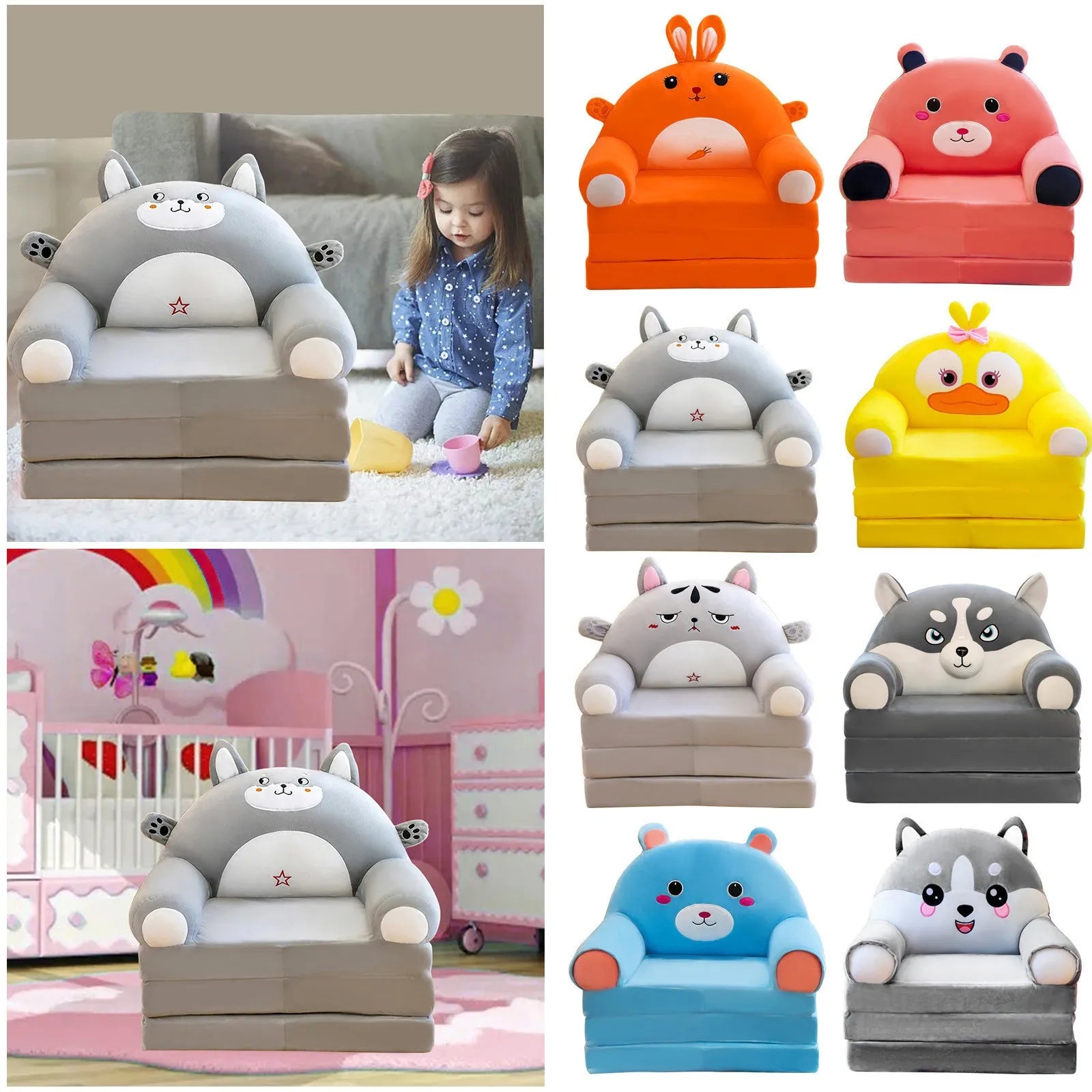 Foldable Kid Sofa Backrest Armchair Cover Plush Cute Cartoon Children Lazy Sofa