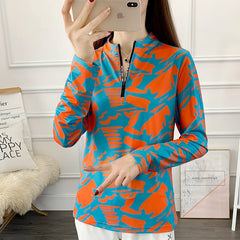 Women's Breathable Outdoor Sports Quick Dry Print Shirt Ladies Running Hiking Long Sleeve UV Clothing Camping Stand Collar Top