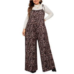 Plus Size Leopard Jumpsuits  Lace Up Strap Sleeveless Wide Leg Pants Fashion Loose Brown Overalls