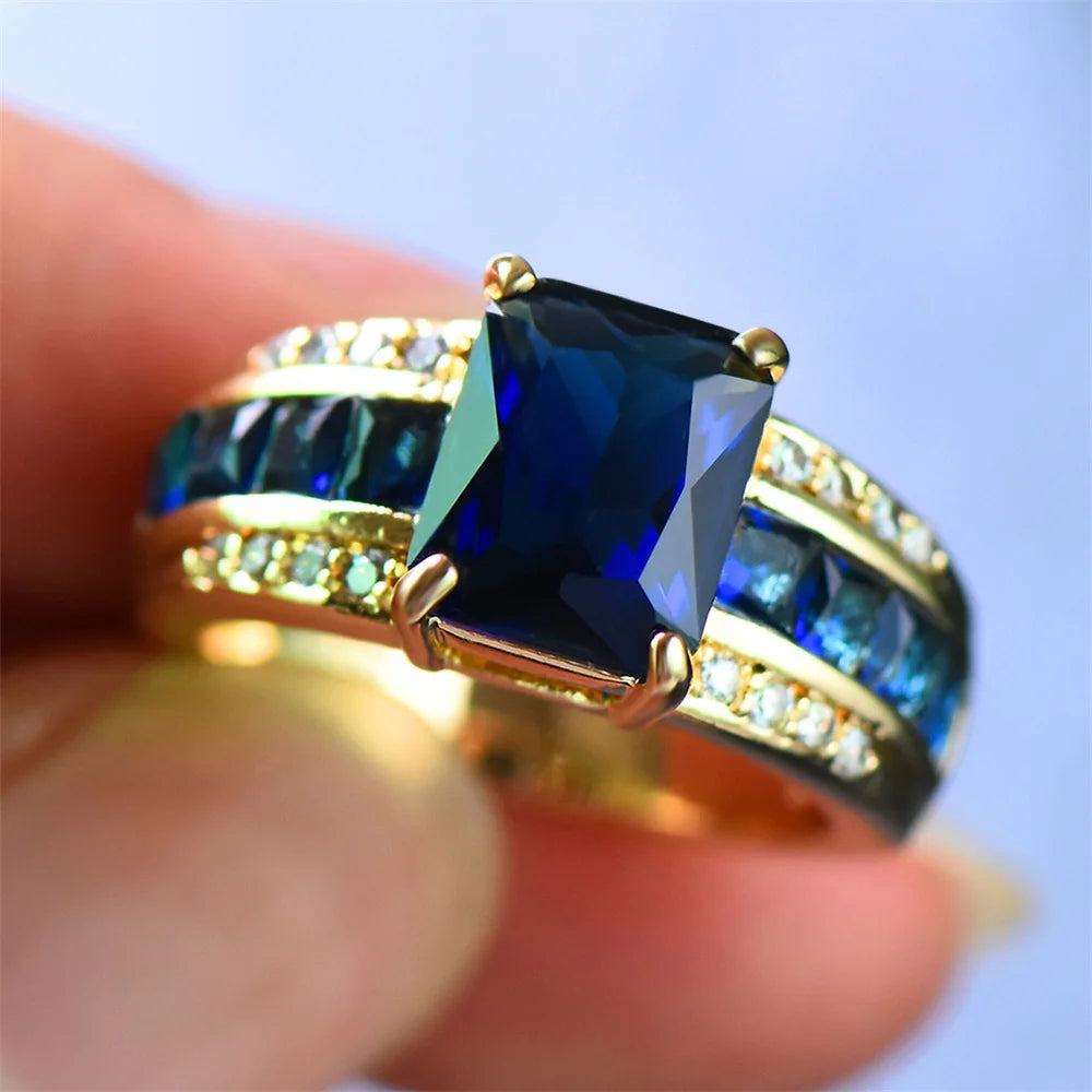 Fashion Female Blue Zircon Square Finger Ring Yellow Gold Color Wedding Jewelry For Women Party Accessories