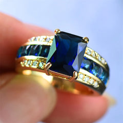 Fashion Female Blue Zircon Square Finger Ring Yellow Gold Color Wedding Jewelry For Women Party Accessories