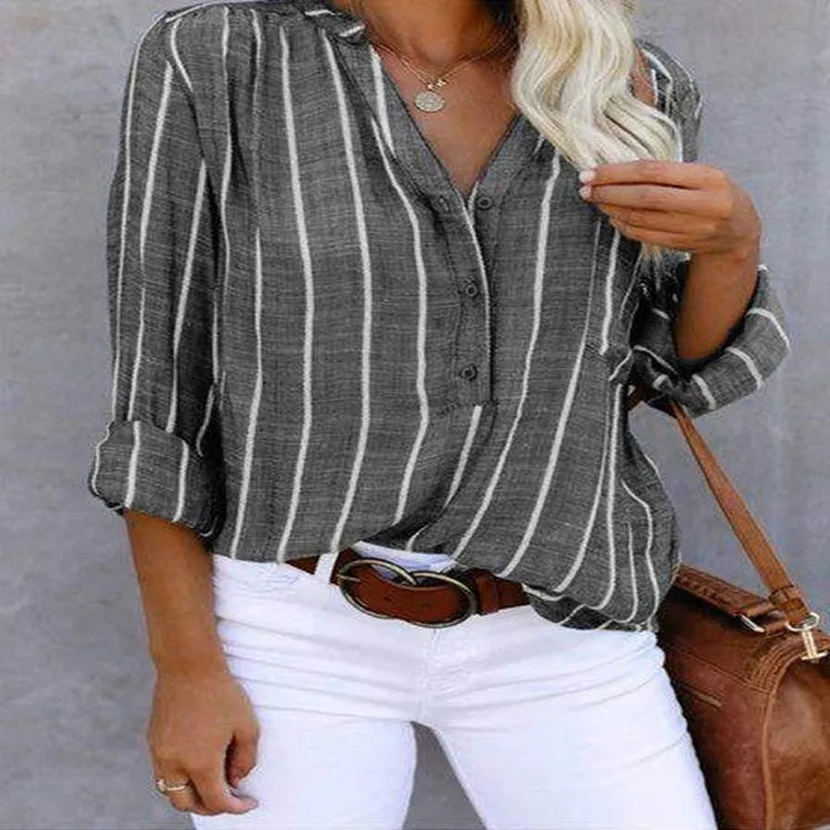 Women's New Spliced V-neck Button Pocket Striped Simple and Fashionable Printed Striped Shirt