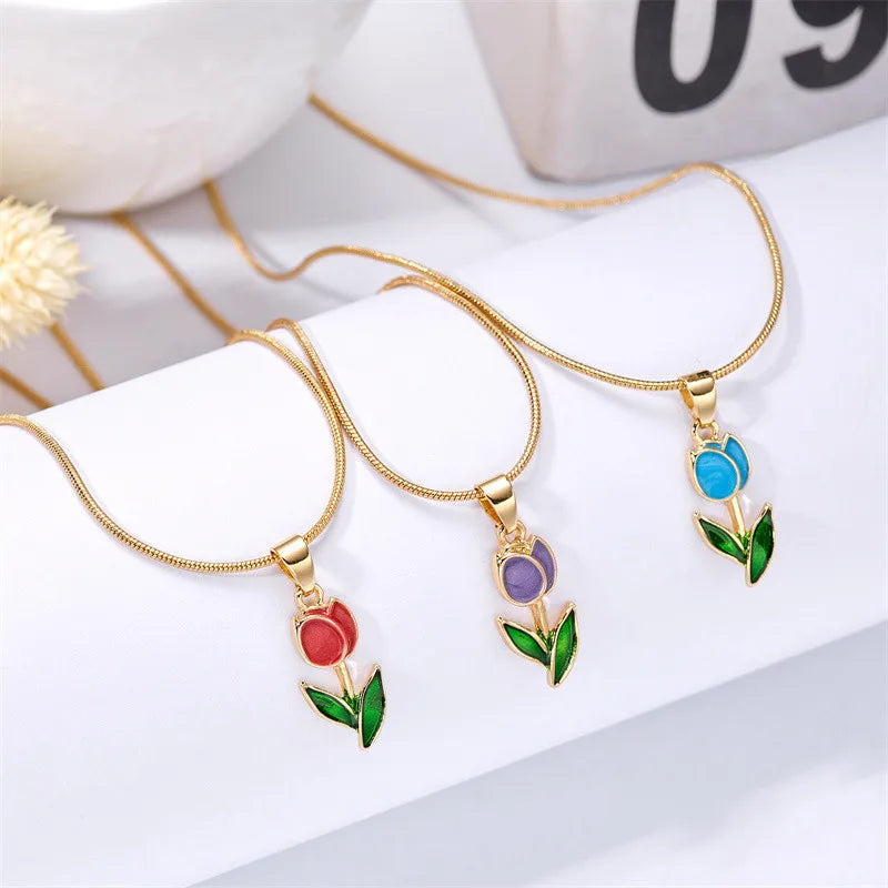 Vintage Elegant Enamel Tulip Flower Pendant Necklace For Women