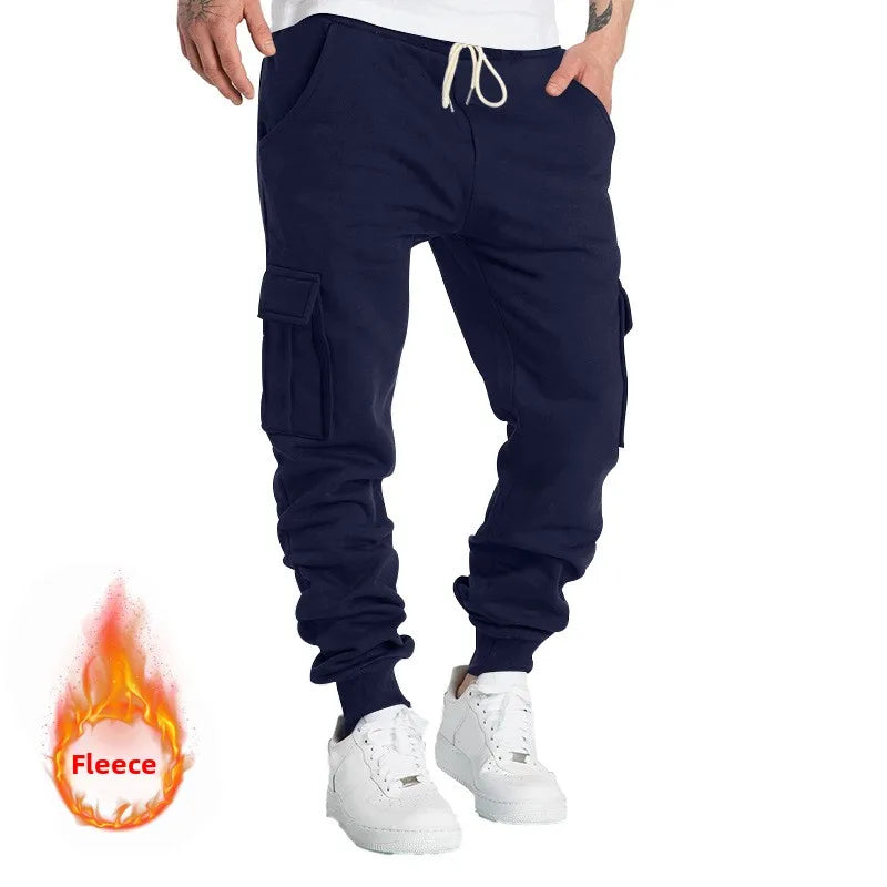 Autumn And Winter Fleece Men's Overalls Multi-pocket Plus Size Fleece-lined Casual Exercise Ankle-tied Cropped Pants