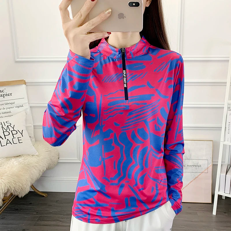 Women's Breathable Outdoor Sports Quick Dry Print Shirt Ladies Running Hiking Long Sleeve UV Clothing Camping Stand Collar Top