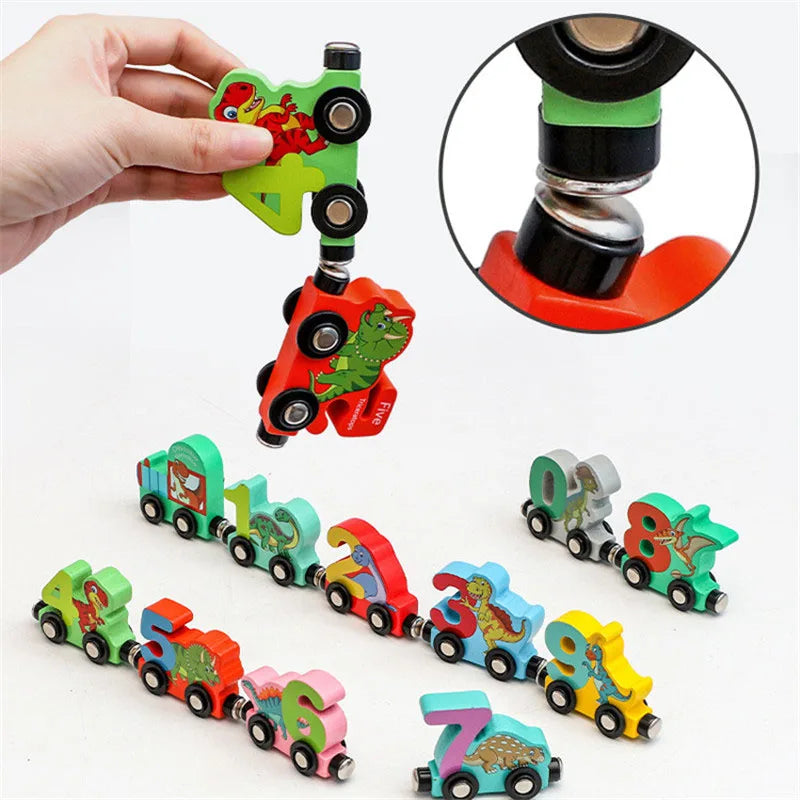 Magnetic Dinosaur Train Toys Set Wooden Number Transport Vehicle Puzzle