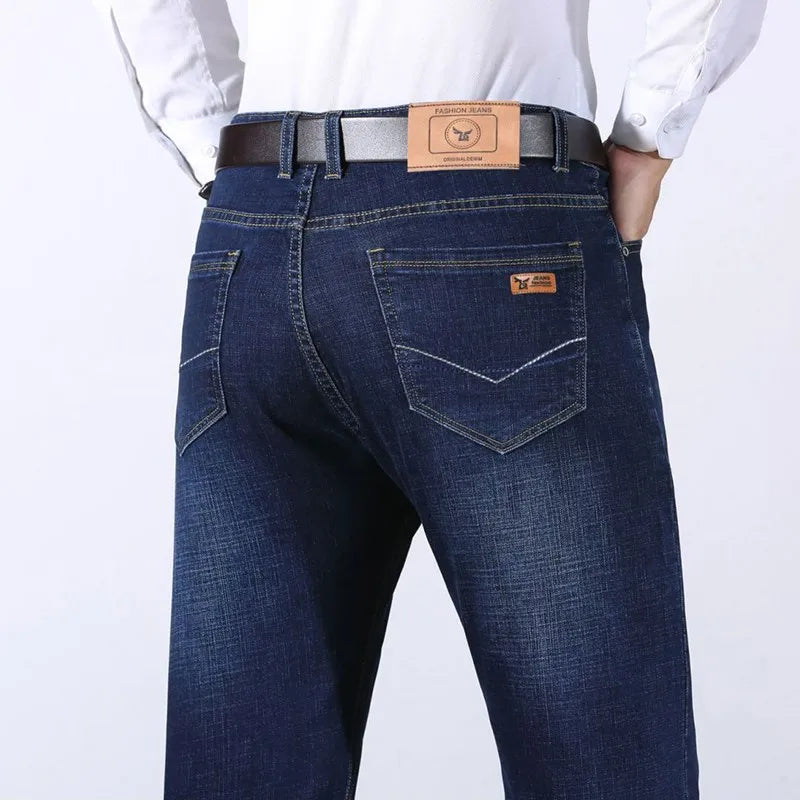 Plus Size 29-40 Men Brand Denim Jeans Business Casual Stretch Straight Gentleman Long Pants Blue Black Trousers Male