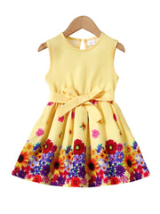 Ladylike Crew-Neck Flower Print Sleeveless Dress for Girl