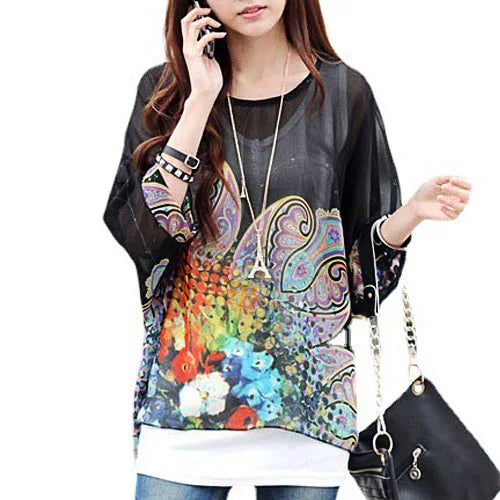 Women New Striped Print Summer Tops Tees Batwing Sleeve Casual Chiffon Blouses