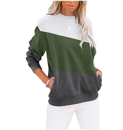 Women's color blocked casual long sleeved top with print round neck sweatshirt