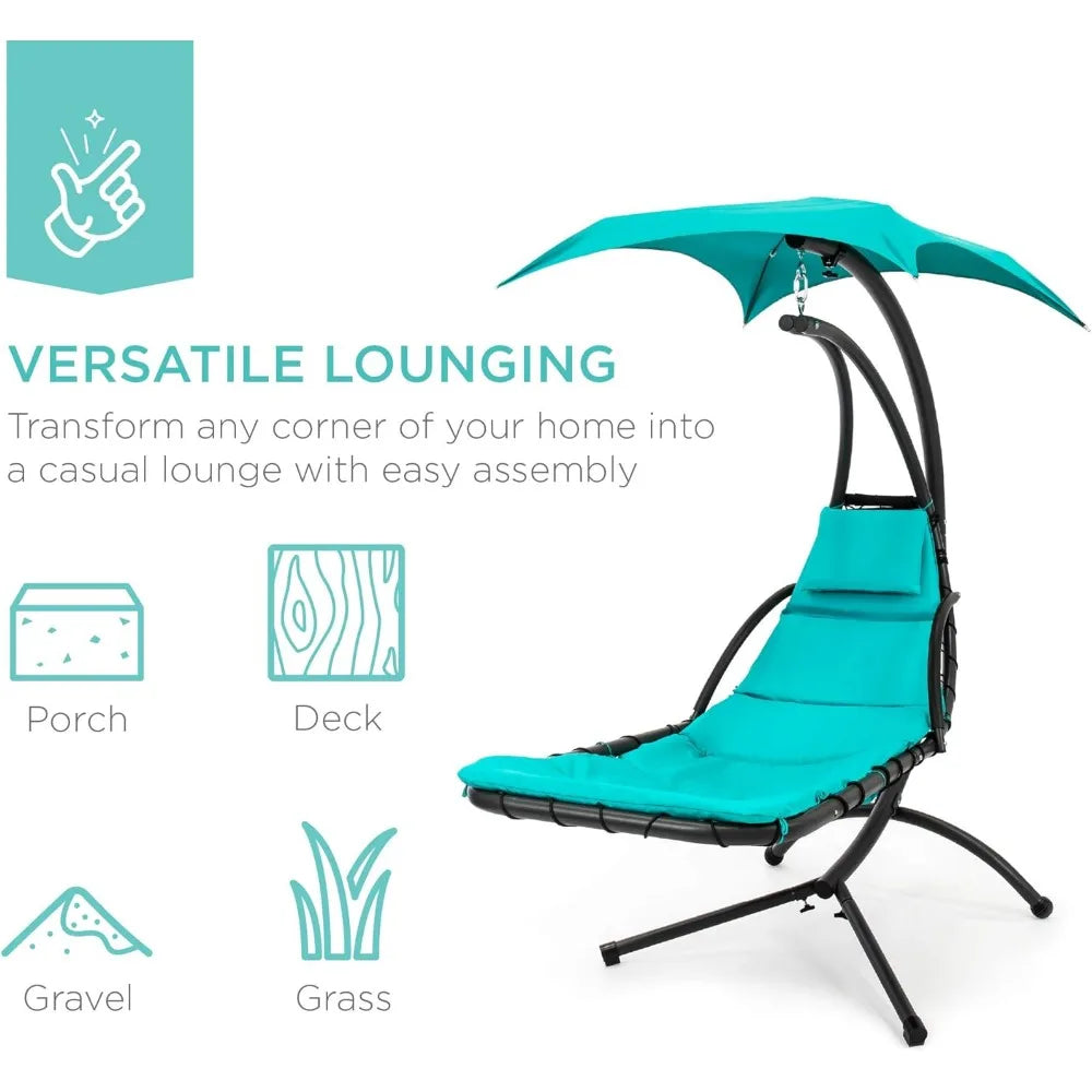 Outdoor Hanging Curved Steel Chaise Lounge Chair Swing w/Built-in Pillow and Removable Canopy