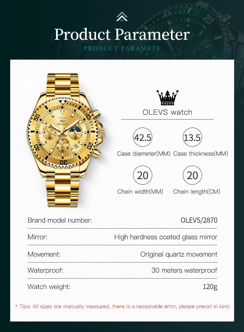 Men's Watches Luxury Golden Wristwatch for Men