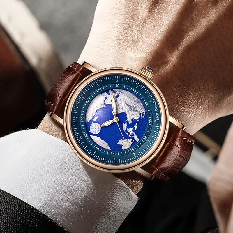 Mens Watches Fashion Blue Planet Creative Earth Quartz Wristwatch Leather Waterproof Watch