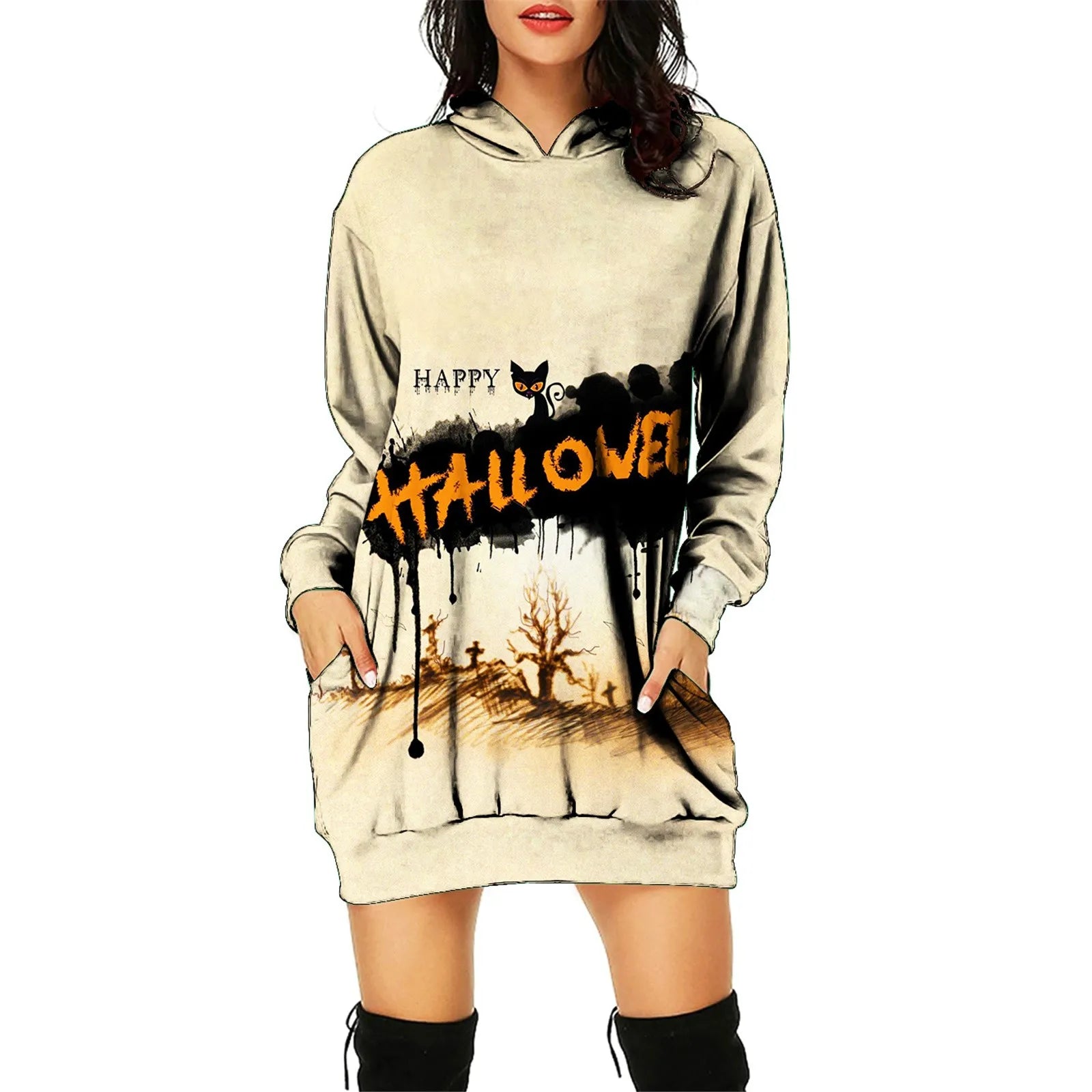 Women's Autumn And Winter Hooded Sweatshirt Dress Halloween Print Dress