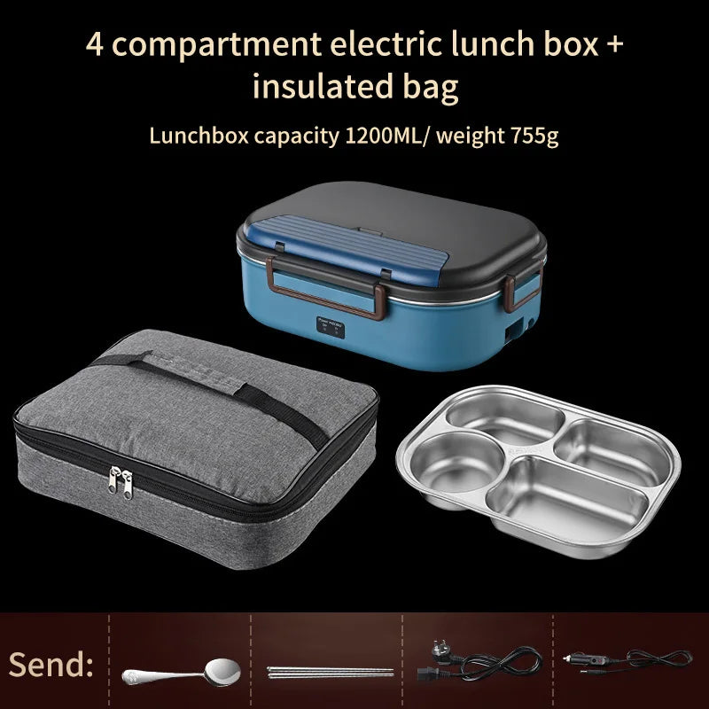 Electric Heated Lunch Boxes Stainless Steel Food Insulation Bento Lunch Box Home Car Keep Warm Lunch Box 1.2L, 12V/220V