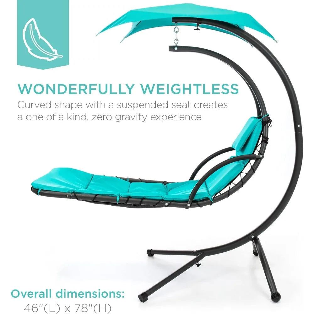 Outdoor Hanging Curved Steel Chaise Lounge Chair Swing w/Built-in Pillow and Removable Canopy