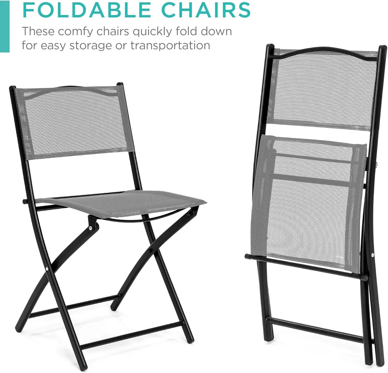 Furniture Set w/Textured Glass Tabletop, 2 Folding Chairs, Steel Frame, Polyester Fabric - Gray