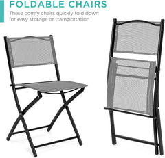 Furniture Set w/Textured Glass Tabletop, 2 Folding Chairs, Steel Frame, Polyester Fabric - Gray