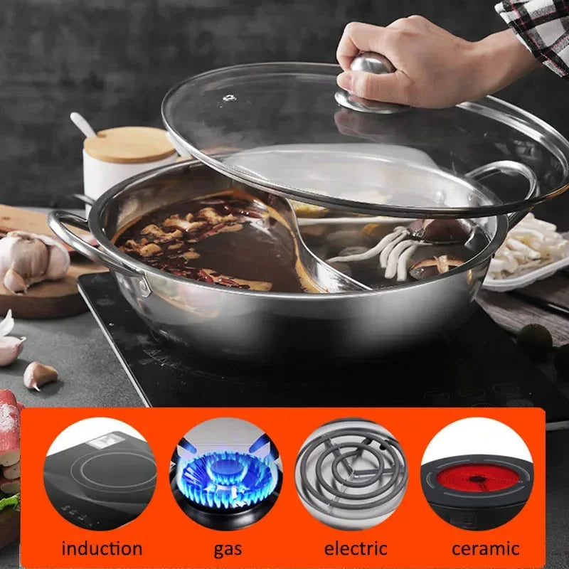 Hot Pot with Lid Thicken Stainless Steel 2 In 1 Divided Hotpot Kitchen Cooking Pan