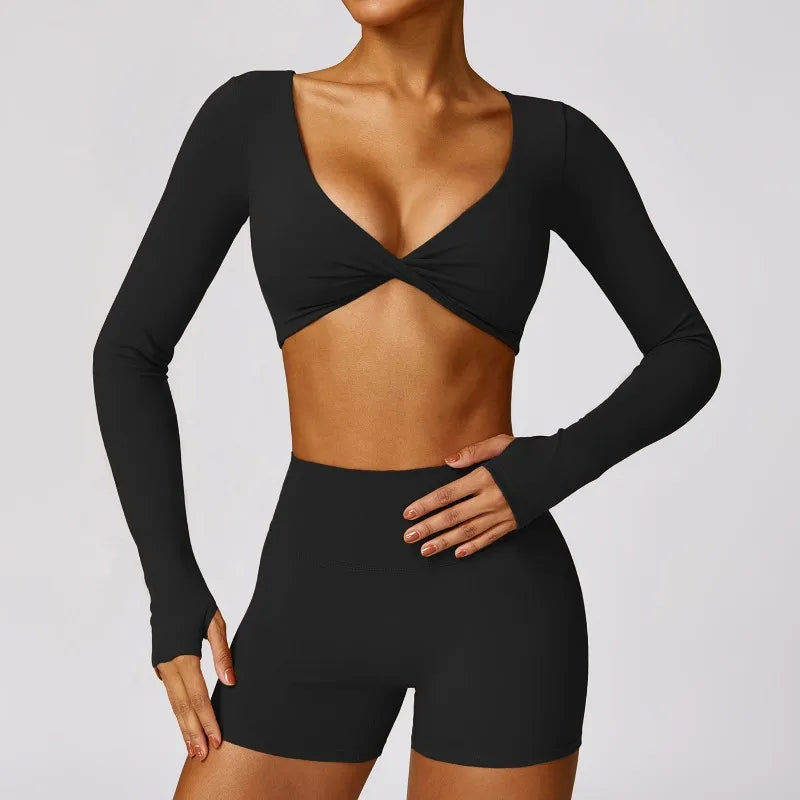 Women's Fitness Suit Yoga Wear Shorts Sports Gym Long Sleeve Workout  Set