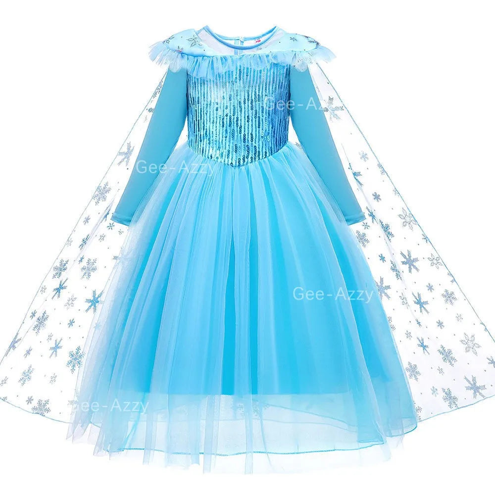 Frozen Girls Elsa Cosplay Long Sleeves Dress Fancy Costume