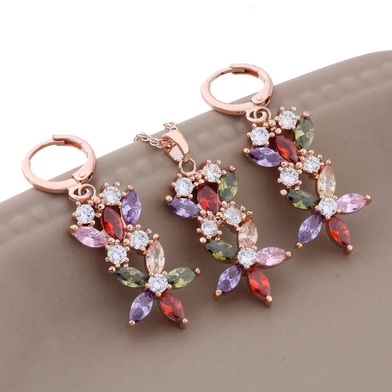 Rose Gold Color Jewelry Sets Colorful Zircon Hanging Earring High Quality Fashion Luxury Elegant Women's Set