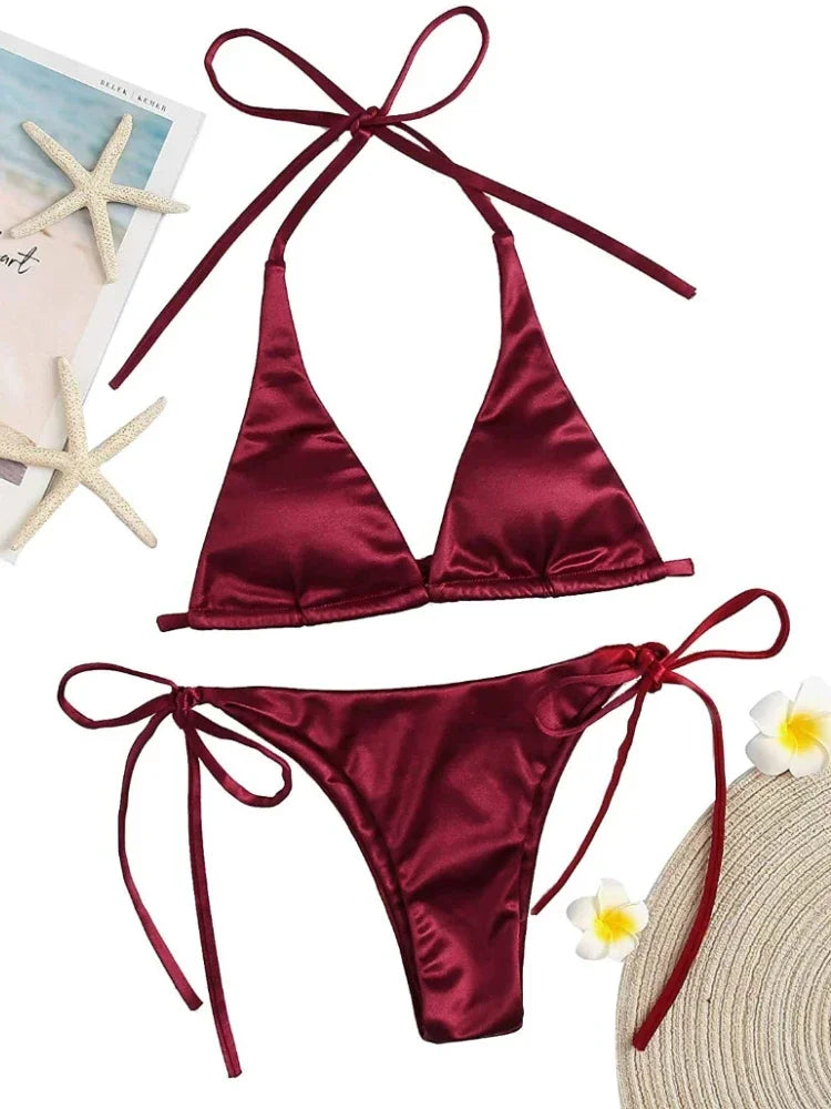 Women's Metallic Halter Top Two Piece Swimsuit Tie Side Triangle Bikini Summer Solid Bathing Suit Beachwear Bikini Set