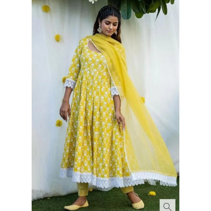 Full Seam Artificial Silk Printed Anarkali Yellow Kurti Pants and Dupatta Salwar Dress