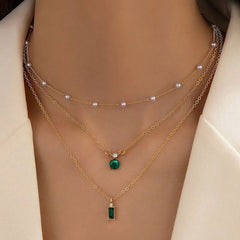 Simple Stacked Retro Imitation Emerald Green Pearl Multi-layer Necklace For Women