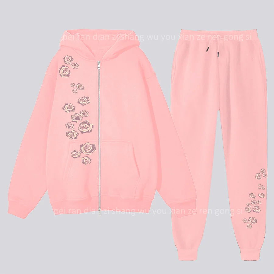 pants Sets Women's Hoodie and pants Two-piece Zipper High Quality Oversize Clothing Aesthetic Rose Graphic PrintFemale Tracksuit