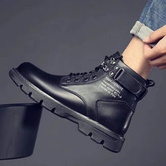 Winter Men's High Top Boots Trendy Black Motorcycle Boots