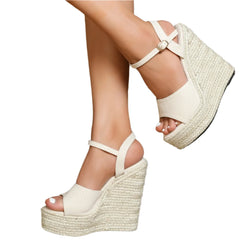 Women's 15cm Fish toe Wedge Beige Simple High Slope Heel Waterproof Car Model Sandals