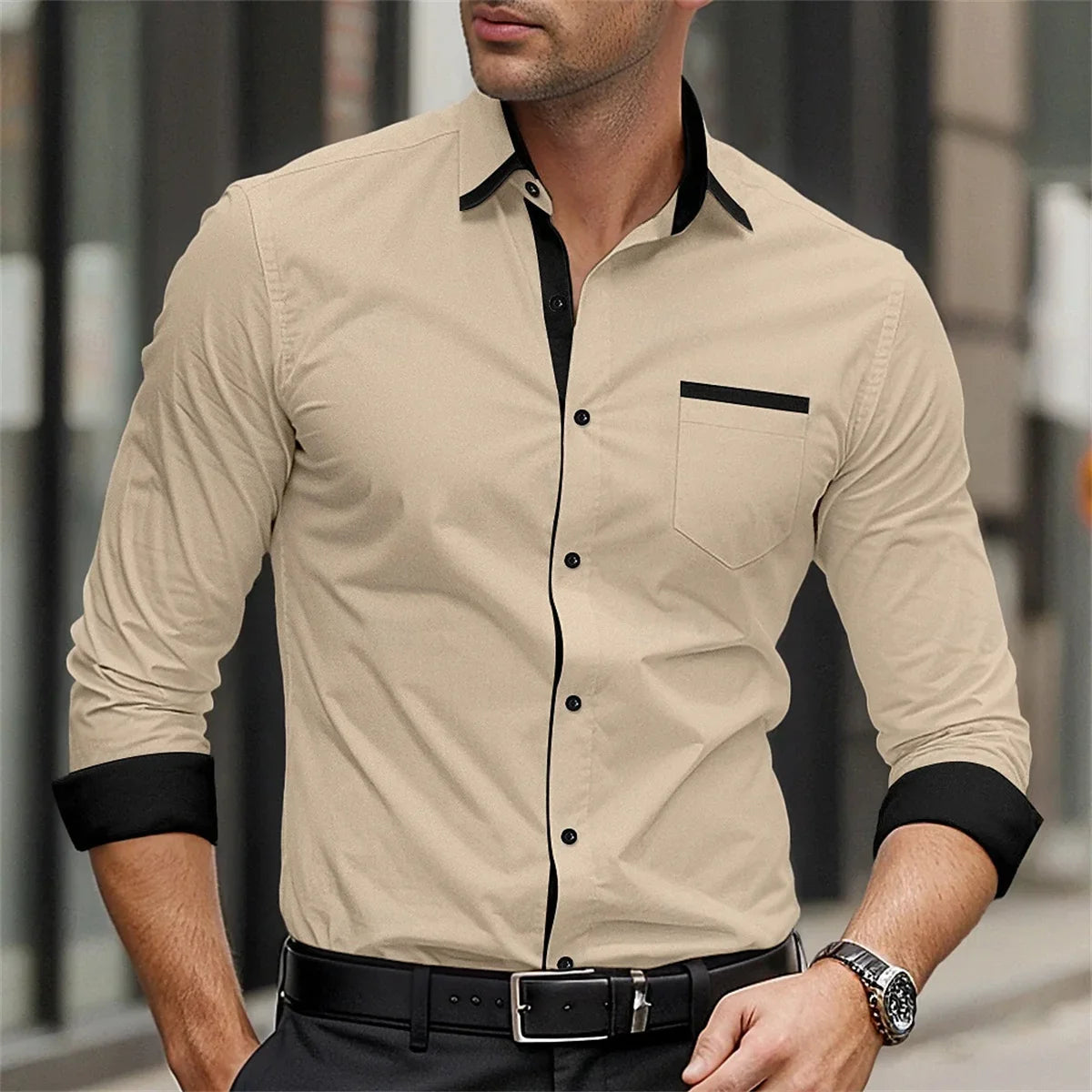 Classic business men's shirt casual breathable solid color long sleeved shirt daily street fashion wearing men's top