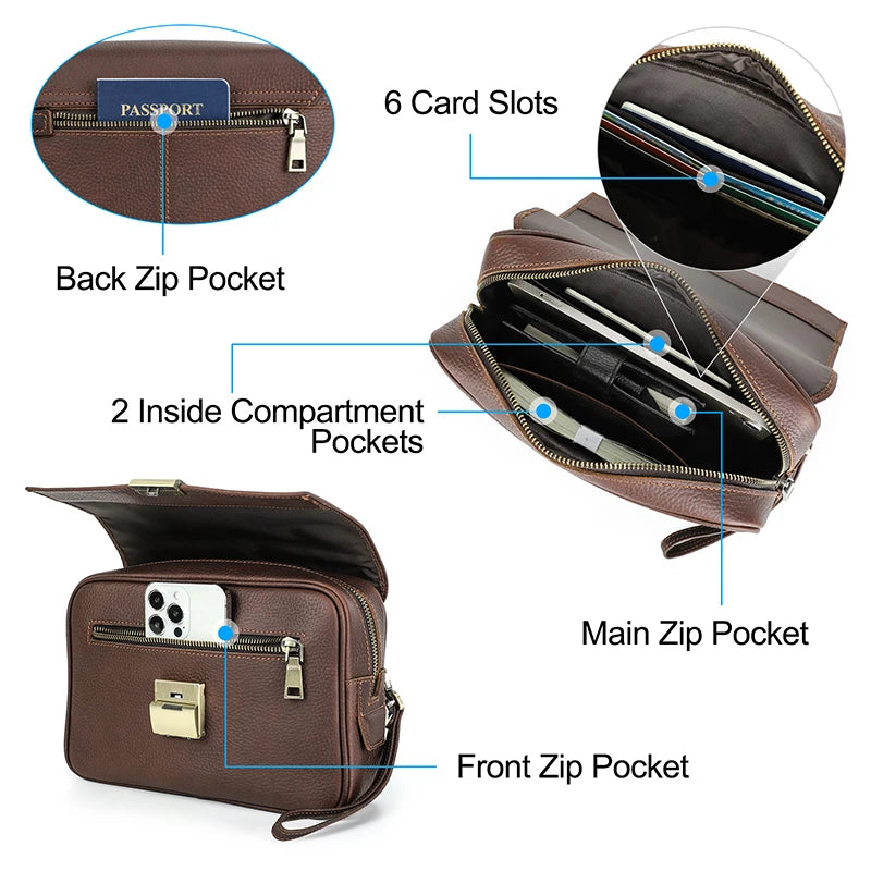 Contact's Men Clutch Password Lock Design Bag Genuine Leather Clutch Wallet Long Purse for iPad