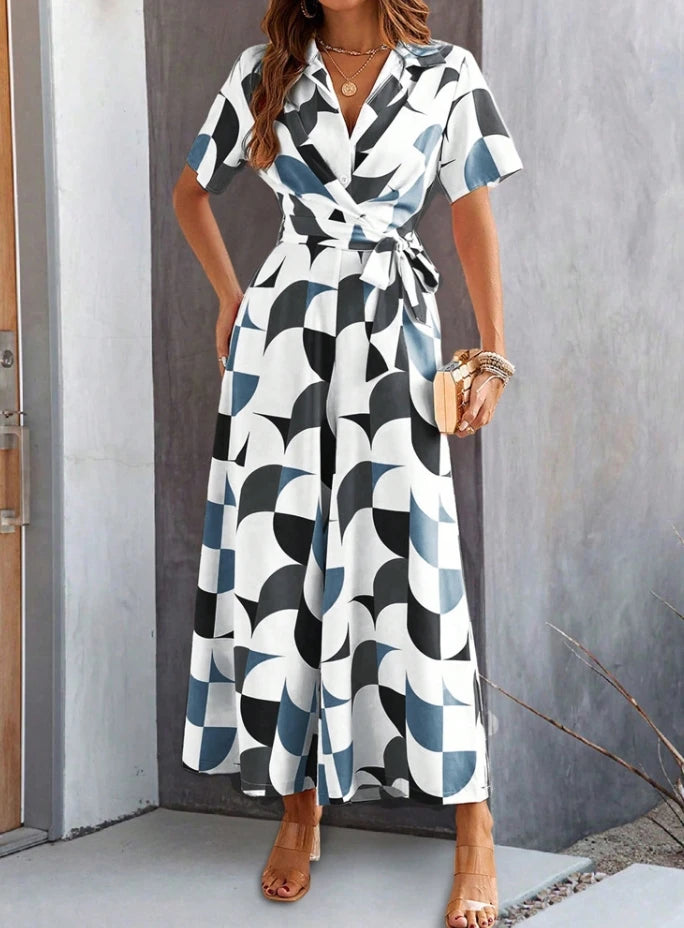 Elegant New Fashion Summer Casual Long Jumpsuits V-Leader Contrasting Printed High Waisted Wide Leg Jumpsuit