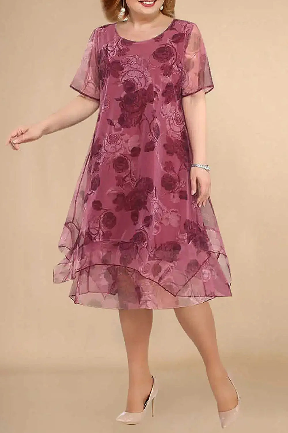 Plus Size Formal Fuchsia Chiffon Floral Print Layered Tea-Length Elegant Midi Dress