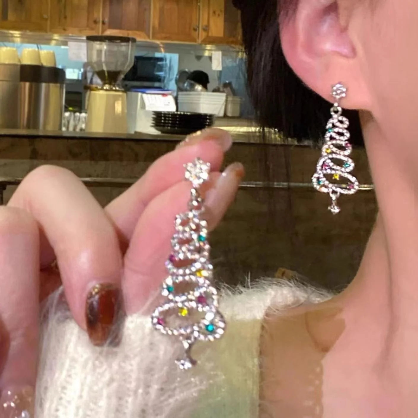 Shiny Full Rhinestone Christmas Tree Stud Tassel Earrings For Women