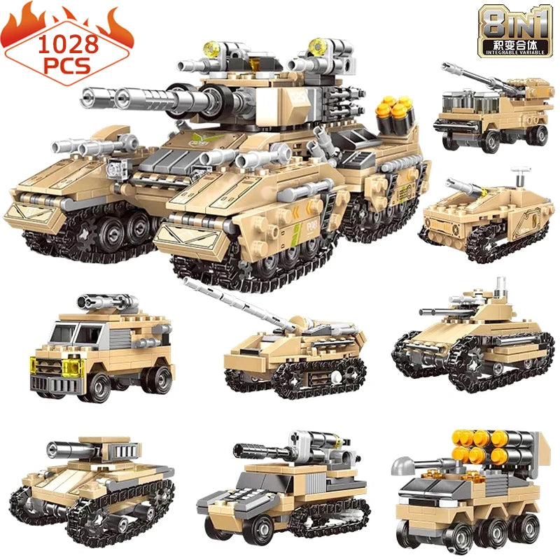 Military Series 8in1 Emperor Tank building block World War Explosion-Proof Antiaircraft Missile Armored Vehicle Bricks Toys